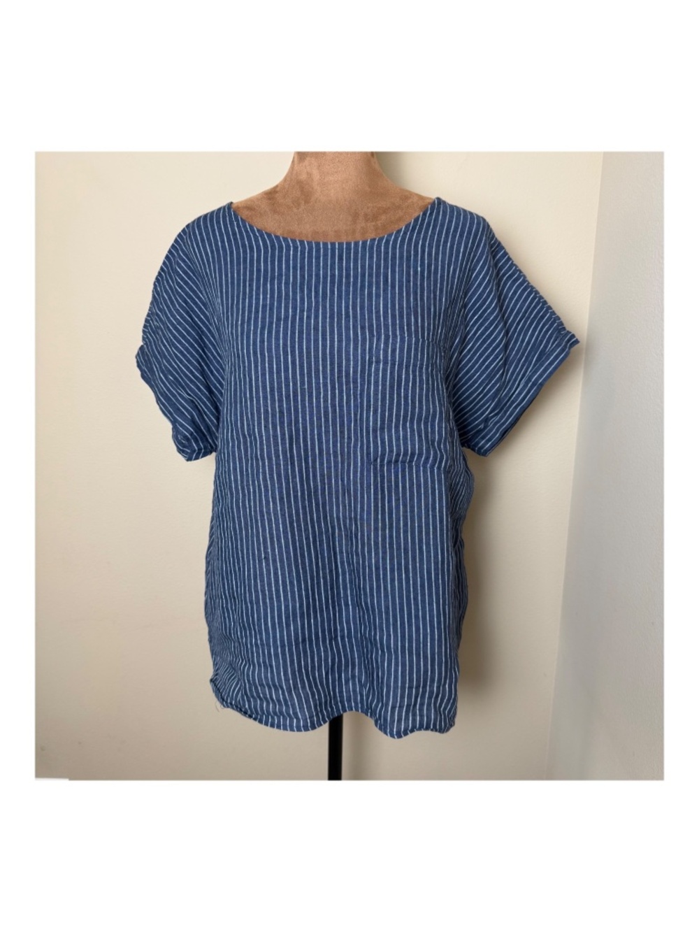 LL Bean 100% Linen Shirt Womens Large Reg Navy Blue Stripe Lagenlook Top 517773 - Picture 2 of 8